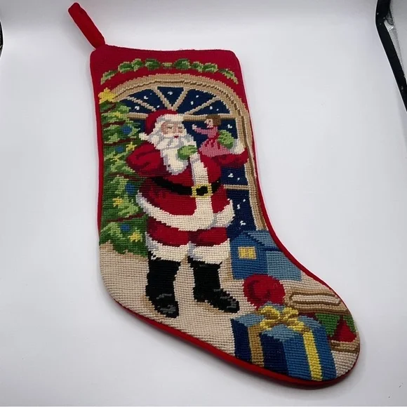 VTG Macy’s Stocking Needlepoint Santa Christmas Red Holiday Velvet Back Tree Dol - Picture 3 of 9